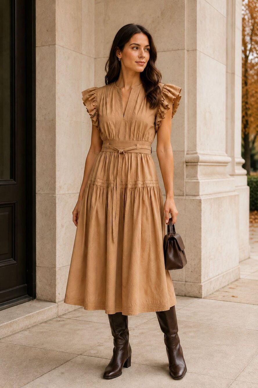 NWOT Strut & Bolt Tan Ruffle Sleeve Pintuck Belted Midi Dress, Sm $198